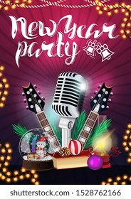Purple New Year poster with garland, microphone and guitars