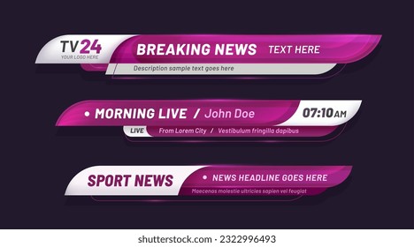 Purple news bar lower third header, tv headline. Vector video titles, television information lines. Modern violet and white graphic overlay isolated template. Broadcast strips, layout with text