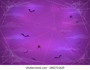 Purple night background with black spiders on cobwebs and flying bats. Illustration can be used for children's holiday design, cards, invitations and banners.