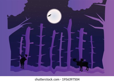 Purple night forest landscape with animals