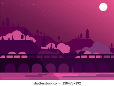 purple night over the bridge , river, forest and hills, vector flat nature illustration