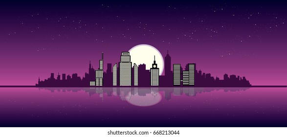 Purple night over city and ocean vector  illustration. cityscape and reflection on the water