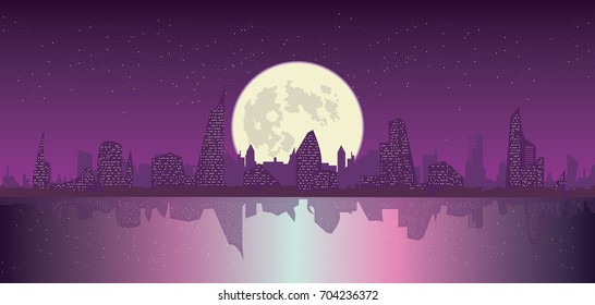 purple night over modern city on the beach vector illustration. Cityscape. reflection on water and full moon