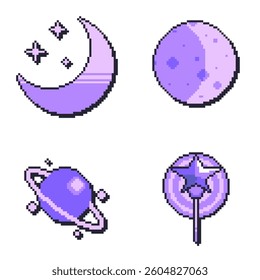 Purple Night Planets, Pixel Art Style Icon Set