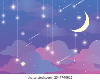 Céu noturno roxo. Ilustração de vetor bonito. Nuvens em tons de rosa. Estrelas e estrelas cadentes. Ilustração para crianças. Papel de parede.