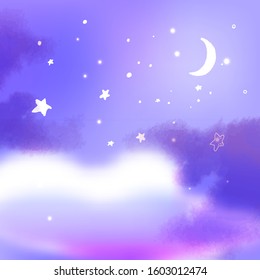 Purple night sky with moon, fluffy clouds and lots of stars. Dream illustration, peaceful fantasy background.