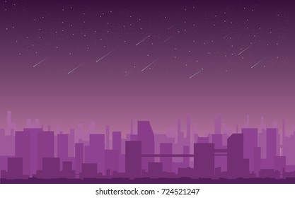 purple night and star shower over city rooftops vector illustration. modern cityscape. beautiful skyline and stars