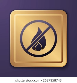 Purple No fire icon isolated on purple background. Fire prohibition and forbidden. Gold square button. Vector Illustration