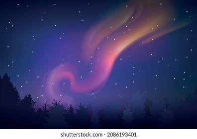 Purple northern lights in night starry sky at winter forest background realistic vector illustration