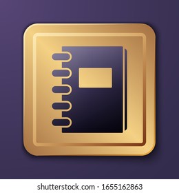 Purple Notebook icon isolated on purple background. Spiral notepad icon. School notebook. Writing pad. Diary for school. Gold square button. Vector Illustration