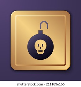 Purple Nuclear bomb icon isolated on purple background. Rocket bomb flies down. Gold square button. Vector