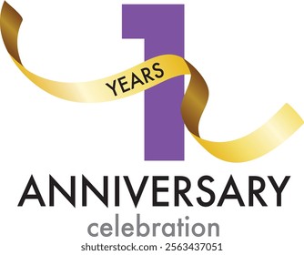 purple number 1 with gold confetti and word  years black color and word anniversary celebration are at the bottom.