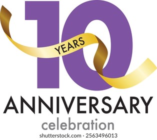 purple number 10 with gold confetti and word years black color and word anniversary celebration are at the bottom.