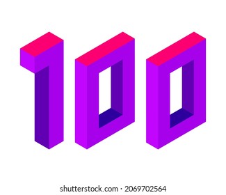 Purple number 100 in isometric style. Isolated on white background. Learning numbers, serial number, price, place. Vector illustration