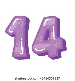 Purple number 14 vector illustration, colorful bubble style letter, cartoon number fourteen vector art
