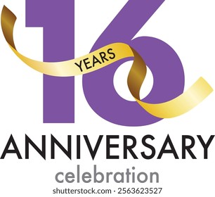 purple number 16 with gold confetti and word years black color and word anniversary celebration are at the bottom.