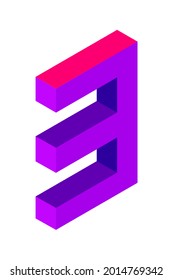 Purple number 3 in isometric style. Isolated on white background. Learning numbers, serial number, price, place. Vector illustration
