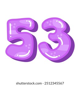 Purple number 53 vector illustration, colorful glossy number fifty three 53 image, cute cartoon design style