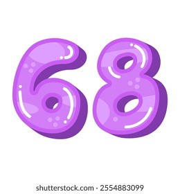 Purple number 68 vector illustration, colorful number sixty eight image, cute cartoon design style
