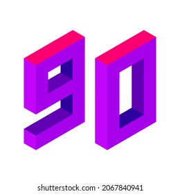 Purple number 90 in isometric style. Isolated on white background. Learning numbers, serial number, price, place. Vector illustration