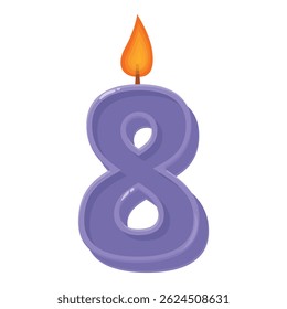 Purple number eight candle is burning brightly, celebrating an eighth birthday or anniversary