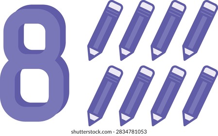 Purple Number Eight and Pencil. Vector Illustration. Number 8 for Preschoolers with a Picture. Education and Learning Concept