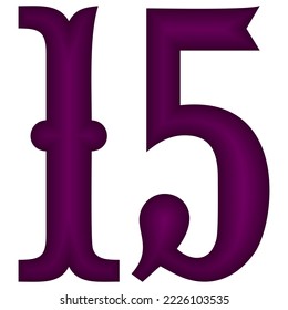 Purple Number Fifteen Vector Illustration. Number 15 Isolated On A White Background
