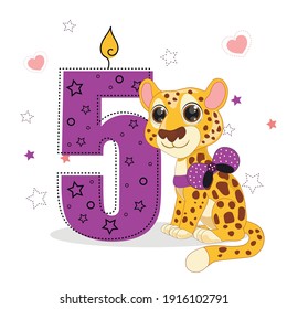 Purple number five and a cute cartoon cheetah. Perfect for greeting cards, party invitations, posters, stickers, pin, scrapbooking, icons. Birthday concept