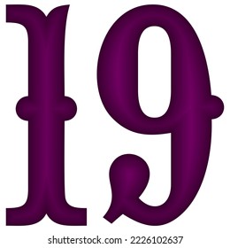 Purple Number Neunzehn Vektorgrafik. Nummer 19 einzeln auf weißem Hintergrund
