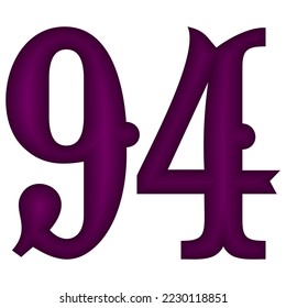 Violette Nummer neunzig Vier Vektorgrafik. Nummer 94 einzeln auf weißem Hintergrund
