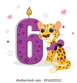 Purple number six and a cute cartoon cheetah. Perfect for greeting cards, party invitations, posters, stickers, pin, scrapbooking, icons. Birthday concept