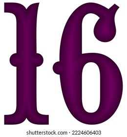 Purple Number Sixteen Vector Illustration. Number 16 Isolated On A White Background
