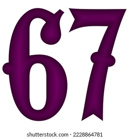 Purple Number Sixty Seven Vector Illustration. Number 67 Isolated On A White Background
