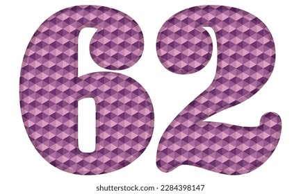 Purple Number Sixty Two Vector Illustration. Number 62 With Hexagonal Pattern Isolated On A White Background
