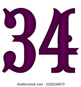 Purple Number Thirty Four Vector Illustration. Number 34 Isolated On A White Background
