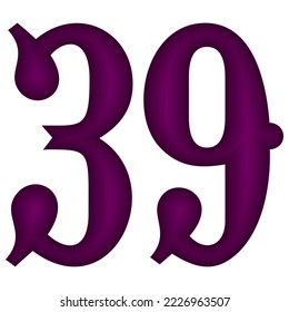 Purple Number 39, neunte Vektorgrafik. Nummer 39 einzeln auf weißem Hintergrund
