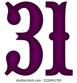 Purple Number Thirty One Vector Illustration. Number 31 Isolated On A White Background
