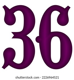 Purple Number Thirty Six Vector Illustration. Number 36 Isolated On A White Background
