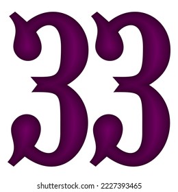 Purple Number Thirty Three Vector Illustration. Number 33 Isolated On A White Background
