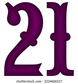 Purple Number Twenty One Vector Illustration. Number 21 Isolated On A White Background
