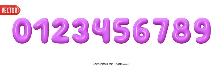 Purple numbers from 0 to 9. Collection of voluminous inflated lilac color numbers from balloon. Set of violet bright bubble spherical numbering figures. vector illustration