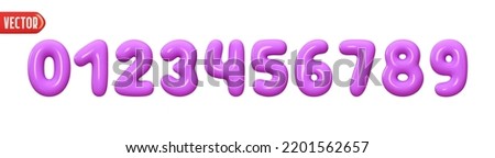 Purple numbers from 0 to 9. Collection of voluminous inflated lilac color numbers from balloon. Set of violet bright bubble spherical numbering figures. vector illustration