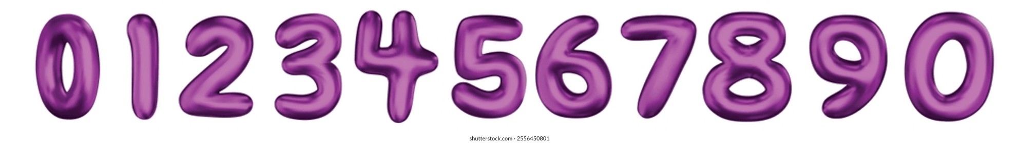 Purple numbers from 0 to 9. Set of bright spherical figures. Realistic 3d design. vector illustration