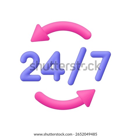 Purple numbers 24 and 7 with two pink circular arrows around them. Full time service, round the clock support and availability concept. 3d vector icon. Cartoon minimal style.