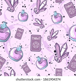 Purple Occult Seamless Pattern With Different Magic Objects. Repetitive Background With Tarot Cards, Liquid Bottles And Amethysts.