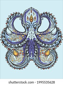 purple octopus with beautiful red yellow patterns, vector illustration for various uses