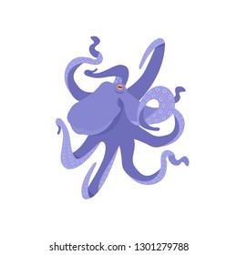 Purple octopus cartoon character. Cute octopus flat vector isolated on white background. Aquatic fauna. Octopus icon. Animal illustration for zoo ad, nature concept, children book illustration.