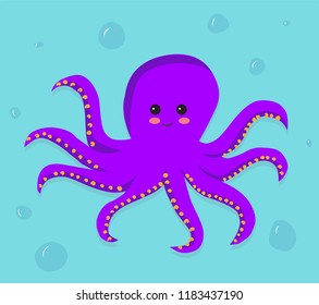 Purple Octopus cartoon character smiling and swimming with bubble on blue background