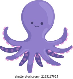 Purple octopus. Funny ocean animal. Smiling character