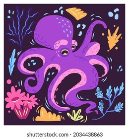 Purple octopus hand drawn flat vector illustration. Cute cartoon character. Aquatic animal with tentacles in floral frame isolated on dark background. Doodle style 